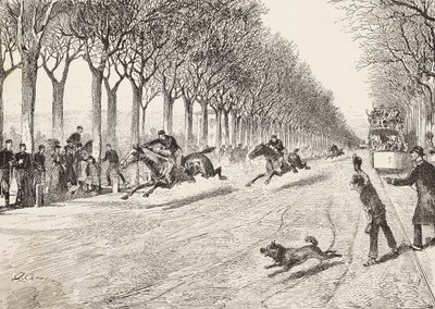 ثلاثة من ضباط المقاومة يشاركون في سباق الخيل ، فوج سافوي الثالث ، بين ميلان ومونزا ، إيطاليا ، نقش من رسم كوينتو سينا ، من L'Illustrazione Italiana ، العدد 14 ، 6 أبريل بواسطة كوينتو سيني