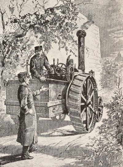 مهندسان عسكريان إيطاليان على قاطرة طريق ، بزيهما الجديد ، نقش من رسم كوينتو سيني ، من L'Illustrazione Italiana ، السنة 12 ، رقم 47 ، 22 نوفمبر بواسطة كوينتو سيني