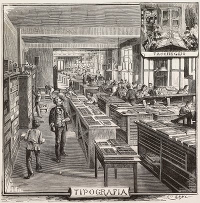 Typography in Fratelli Treves publishing house, Milan, Italy, engraving from drawing by Quinto Cenni, from L