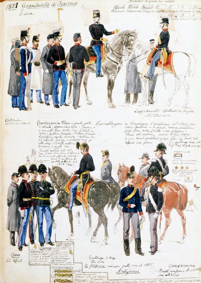 Uniforms of Grand Duchy of Tuscany in 1851, plate taken from Cenni codex, collection of military sketches drawn by Quinto Cenni (1845-1917) بواسطة كوينتو سيني
