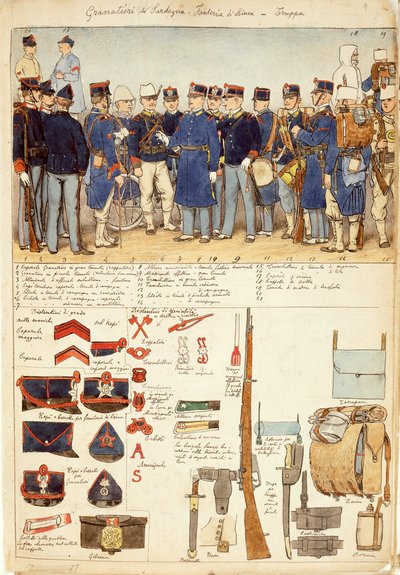 Uniforms of Grenadiers of Sardinia, line infantry, troop of Kingdom of Italy, color plate by Quinto Cenni بواسطة كوينتو سيني