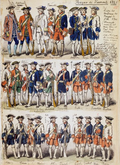 Uniforms of troops of Kingdom of Piedmont in 1744, plate taken from Cenni Codex, collection of military sketches drawn by Quinto Cenni (1845-1917) بواسطة كوينتو سيني