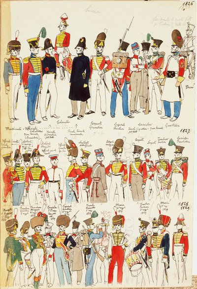 Various uniforms, dating from 1826 to 1829. Color plate by Cenni Quinto بواسطة كوينتو سيني