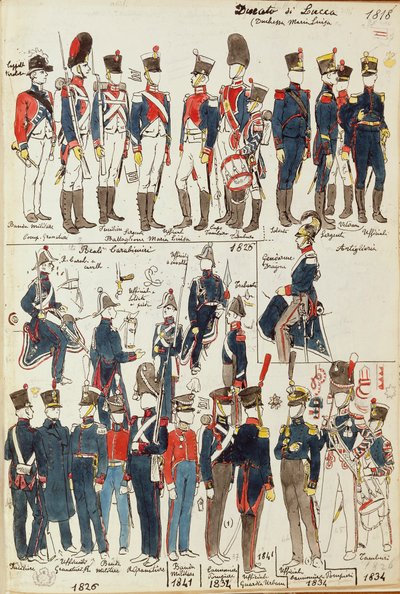 Various uniforms of Duchy of Lucca by Quinto Cenni, color plate بواسطة كوينتو سيني