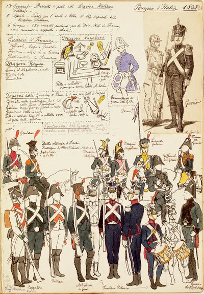 Various uniforms of the Kingdom of Italy from 1805. Color plate by Cenni Quinto بواسطة كوينتو سيني