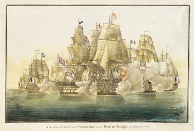 سفينتا H.M.S. S. S. سفينتا "النصر" و"تيميريرير"، في معركة ترافالغار في منتصف الظهيرة (طباعة حجرية) بواسطة آر إتش نيمو