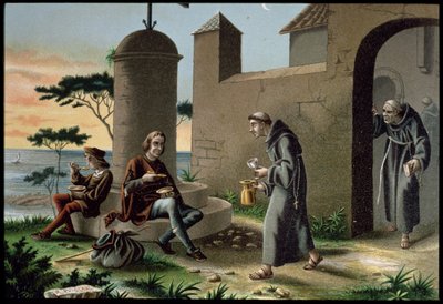 وصول كريستوفر كولومبوس (1451-1506) مع ابنه إلى دير لا رابيدا ، من اكتشاف أمريكا ، نُشر في برشلونة عام 1878 (حجر ملون) بواسطة آر بويغاري