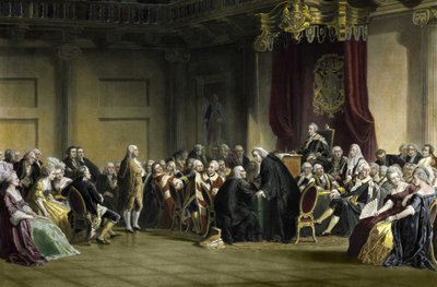 بنجامين فرانكلين (1706-1790) ، فيلسوف وفيزيائي ورجل دولة أمريكي أمام مجلس اللوردات في مجلس الملكة الخاص ، وايتهول تشابل ، لندن بواسطة ر. وايتشيرتش