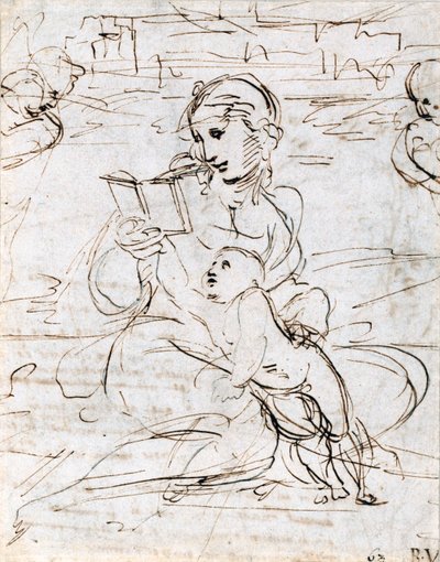 قراءة مادونا والطفل في المناظر الطبيعية بين رأسين Cherub ، 1509 بواسطة رافايللو سانزيو رافائيل