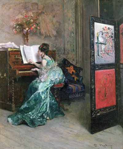 سيدة تعزف على البيانو في الداخل بواسطة Raimundo de Madrazo y Garreta