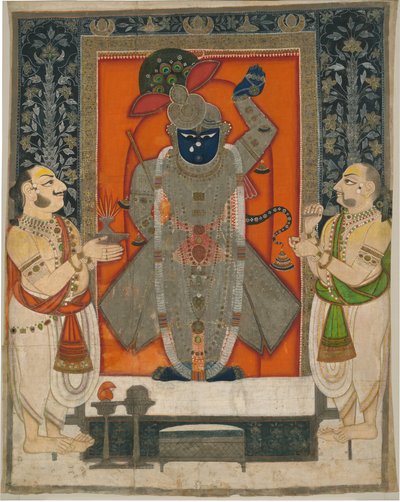 الكهنة يعبدون كريشنا في صورة شريناثجي لمهرجان جبل الطعام [Annakuta utsava] ؛ ضريح معلق [pichhavai] بواسطة مدرسة راجستان كوتا