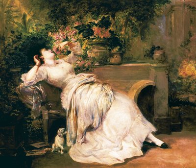 امرأة في حديقة. لوحة لرامون مارتي ألسينا (1826-1894) ، النصف الثاني من القرن التاسع عشر. بواسطة رامون مارتي Alsina