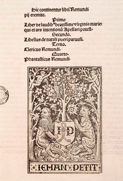 صفحة المخطوطة "De Laudibus Beatissimae Virginis Mariae" لرامون لول (1235-1315) ، تصور أسدين يحملان شعار النبالة للطابعة جيهان بيتي بواسطة رامون لول