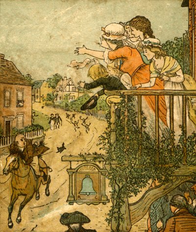 ركض جون جيلبين بالقرب من بيل إن بينما كانت زوجته وأطفاله يلوحون من الشرفة ، 1878 ، c1918. بواسطة راندولف كالديكوت