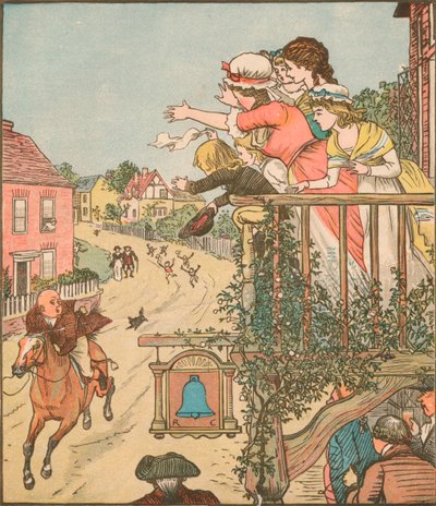 ركض جون جيلبين بالقرب من بيل إن بينما كانت زوجته وأطفاله يلوحون من الشرفة ، 1878 ، c1918. بواسطة راندولف كالديكوت