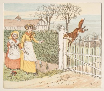 الثعلب يقفز فوق بوابة بارسون ، من كتاب The Hey Diddle Diddle المصور ، حانة 1882 (نقش ملون) بواسطة راندولف كالديكوت