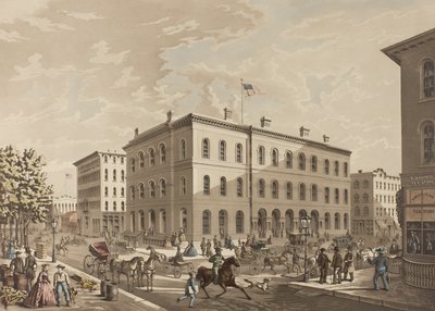 زاوية NW في شارعي ديربورن ومونرو ، شيكاغو ، تظهر مبنى مكتب البريد في عام 1865 بواسطة راؤول فارين