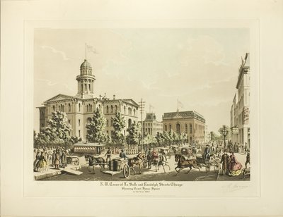 الزاوية الشمالية الغربية من LaSalle و Randolph ، شيكاغو ، تظهر ساحة المحكمة في عام 1864 بواسطة راؤول فارين