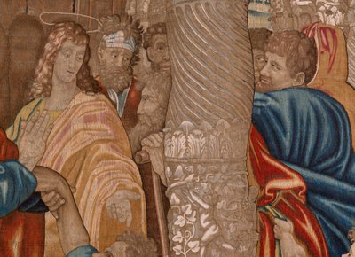 نسيج فلمنكي. سلسلة أعمال الرسل. معجزة الرجل الأعرج (El milagro del paralítico). النسيج الثالث في السلسلة. نموذج الرسوم المتحركة من قبل رافائيل سانزيو. 1519. صناعة Jan Raes II ، بروكسل. كاليفورنيا 1605-1629. نسيج حرير وصوف. الحجم ٥٢٤ × ٤٠٠ بواسطة رافائيل