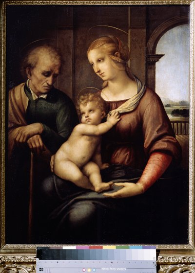 La Sainte famille avec Saint Joseph imberbe أو العائلة المقدسة مع القديس يوسف بدون لحية (العائلة المقدسة أو مادونا مع جوزيف اللحية). لوحة لرافايلو سانزيو ديت رافائيل (1483-1520) بواسطة رافائيل