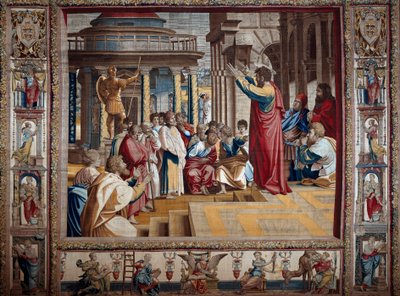 الرسول القديس بولس يكرز في طائرة Athenes Tapestry بعد الرسم على الورق المقوى بواسطة Raffaello Sanzio dit Raphael (1483-1520) ، بداية القرن السادس عشر. 4،95 × 6،45 م مانتوا ، قصر دوقي (مانتوفا) بواسطة بعد رافائيل