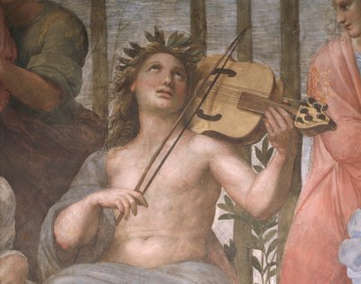Parnassus, detail of Apollo playing a viola da braccio, from the Stanza della Segnatura بواسطة رافائيل