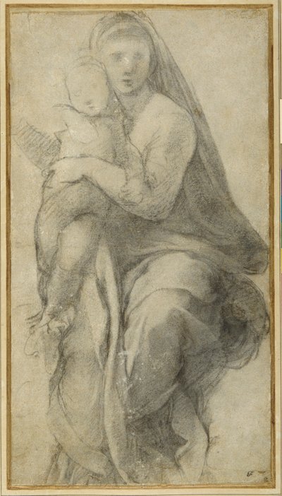 Virgin and Child (black chalk on grey paper) بواسطة رافائيل