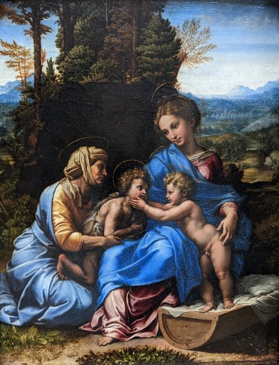 بالفرنسية  La Petite Sainte Famille العائلة المقدسة مع القديسة أليصابات والرضيع القديس يوحنا بواسطة رافائيل