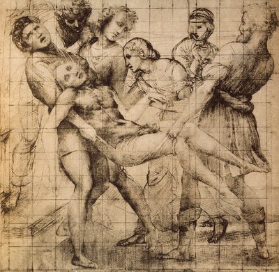 الرسم التحضيري لنقل المسيح الميت المعروف أيضًا باسم بالا باجليوني ؛ عمل رافائيل. خزانة رسومات ومطبوعات ، أوفيزي ، فلورنسا بواسطة رافايللو سانزيو رافائيل