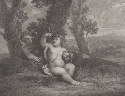 الرضيع باخوس جالسًا تحت شجرة ، ممسكًا كأسًا من النبيذ ، مع رضيع آخر ... ، 1780 بواسطة رفائيل مورغن