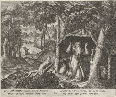 القديس أرنولد ميتز باعتباره ناسكًا الحياة الفاضلة للناسك (عنوان المسلسل) Trophaeum vitae solitariae (عنوان السلسلة) بواسطة يوهان سادلر (أنا)