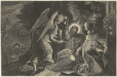 يتعزّى السيد المسيح في جثسيماني بواسطة الملاك ، القديسة دومينيك والقديسة كاترين من سيينا مرآة الطاعة Perfectissimvm Obedientiae Specvlvm (العنوان على الكائن) مرايا الطاعة والعفة والفقر (عنوان السلسلة) بواسطة رفائيل سادلر (الثاني)