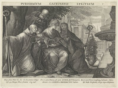 العائلة المقدسة مع القديس بنديكتوس والقديس سكولاستيكا مرآة العفة Pvrissimvm Castitatis Specvlvm (العنوان على الكائن) مرايا الطاعة والعفة والفقر (عنوان السلسلة) بواسطة رفائيل سادلر (الثاني)