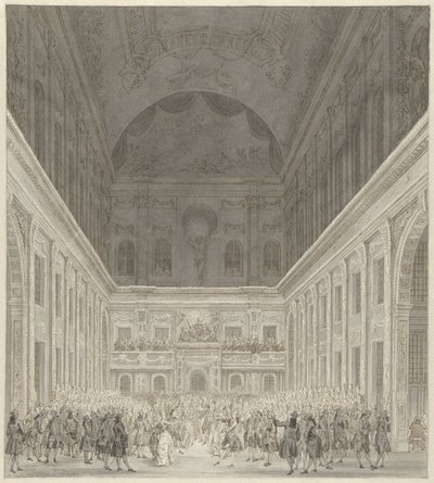 كرة في Civic Hall of Amsterdam City Hall تكريما لزيارة الأمير ويليم الخامس وويلهيلمينا فان بروزن ، يونيو 1768 بواسطة رينير فينكيليس (أنا)