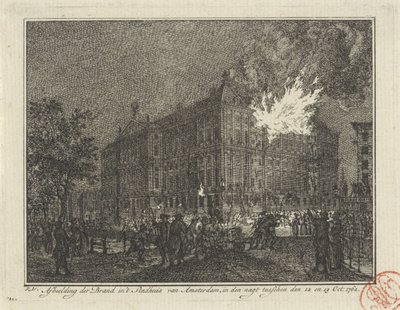 حريق قاعة مدينة أمستردام ، 1762 صورة للنار في قاعة مدينة أمستردام ، في الليل بين 12 و 13 أكتوبر: 1762 (العنوان على الجسم) بواسطة رينير فينكيليس (أنا)