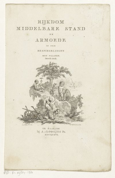 ثلاثة معجون مع سمات في منظر طبيعي للجبال صفحة العنوان لـ: Adriaan Pietersz. Loosjes ، ثروة الطبقة الوسطى والفقر في ثلاثة انعكاسات ، 1816 بواسطة أدريان بيترس. Loosjes
