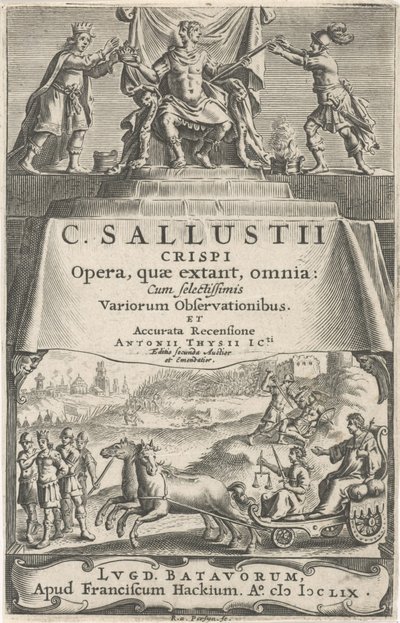 إمبراطور وعدالة على عربة صفحة العنوان لـ: A. Thysius Jr. ، Opera ، quæ presentant ، omnia ، 1659 بواسطة Reinier van Persijn