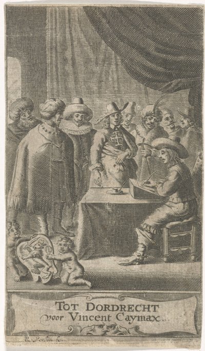 التاجر في المكتب صفحة العنوان لـ: J. van der Does e.a.، Verscheyde voyagien، orte reysen، 1652 بواسطة Reinier van Persijn