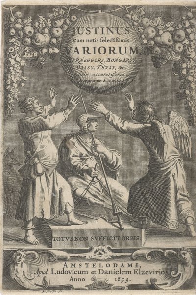 Minerva en twee geketende figuren Titelpagina for: A. Thysius، Justinus cum notis selectissimis variorum Berneggerj، Bongarsy، Vossy، Thysy، & c، 1659 بواسطة Reinier van Persijn