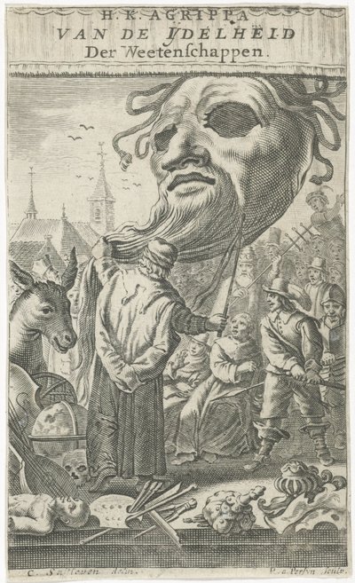 كارتون على الفنون صفحة العنوان لـ: J. Oudaen، Agrippa، of the Vanity of the Sciences، 1661 بواسطة كورنيليس سفتيلفين