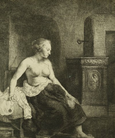امرأة تجلس نصف يرتدي بجانب موقد ، 1658 بواسطة رامبرانت فان راين