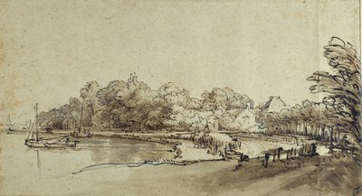 Bend in the Amstel near Kostverloren House, early 1650s (pen & ink with wash & bodycolour on paper) بواسطة رامبرانت هارمنز. فان راين