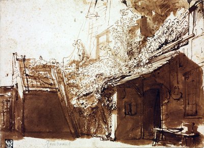 Farmhouse in Light and Shadow - Rembrandt van Rhijn (1606-1669) - 1635-1636 - قلم ، فرشاة ، لون بني على ورق - 16.2x22.5 سم - Szepmuveszeti Muzeum ، بودابست بواسطة رامبرانت هارمنز. فان راين
