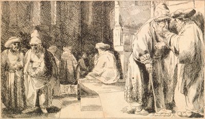 "" Juifs a la synagogue "(اليهود في الكنيس) نقش لرامبرانت فان راين (1606-1669) - 1648 خافت 7.6x13 سم المتحف اليهودي ، نيويورك بواسطة رامبرانت فان راين