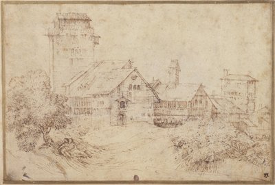 Landscape with buildings and lovers, embracing, after Titian (pen & brown ink with red chalk on paper) بواسطة رامبرانت هارمنز. فان راين