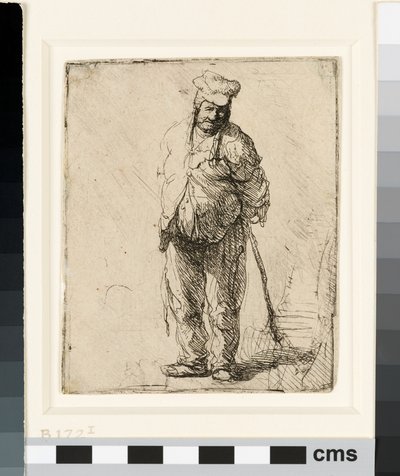 فلاح خشن ويداه خلفه ممسكًا بعصا ، حوالي عام 1630 (حفر) بواسطة رامبرانت فان راين