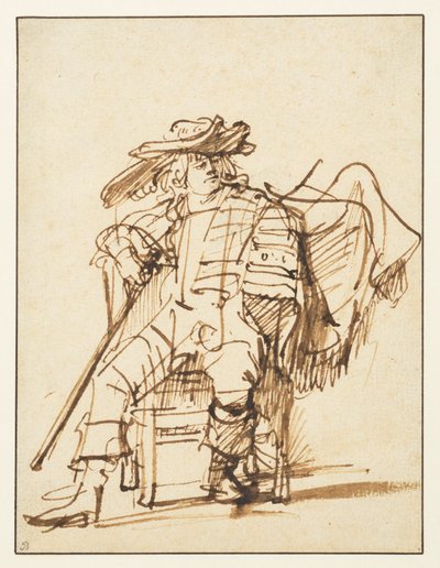 دراسة ممثل جالس في قبعة مرقمة - Capitano من Commedia dell "Arte ، recto ، 1636-c.1638 بواسطة رامبرانت فان راين