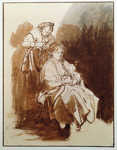 امرأة شابة في مرحاضها. شعر خادمة عجوز. (الرسم بالحبر ، ج 1635) بواسطة رامبرانت فان راين