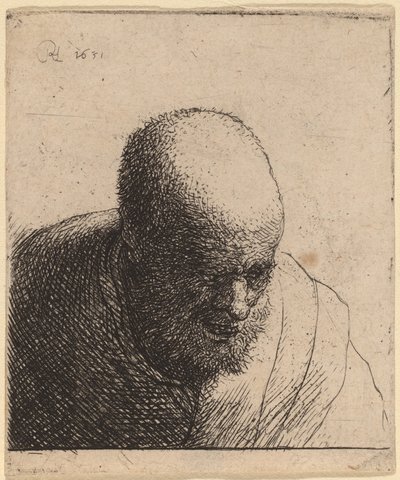 الرجل الأصلع، ب، الفم المفتوح، نظر الى أدنى، c. 1630. بواسطة رامبرانت فان راين