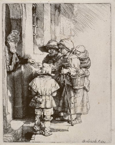 المتسولون يستقبلون الصدقات عند باب المنزل ، 1648 (نقش جاف) بواسطة Rembrandt van Rijn